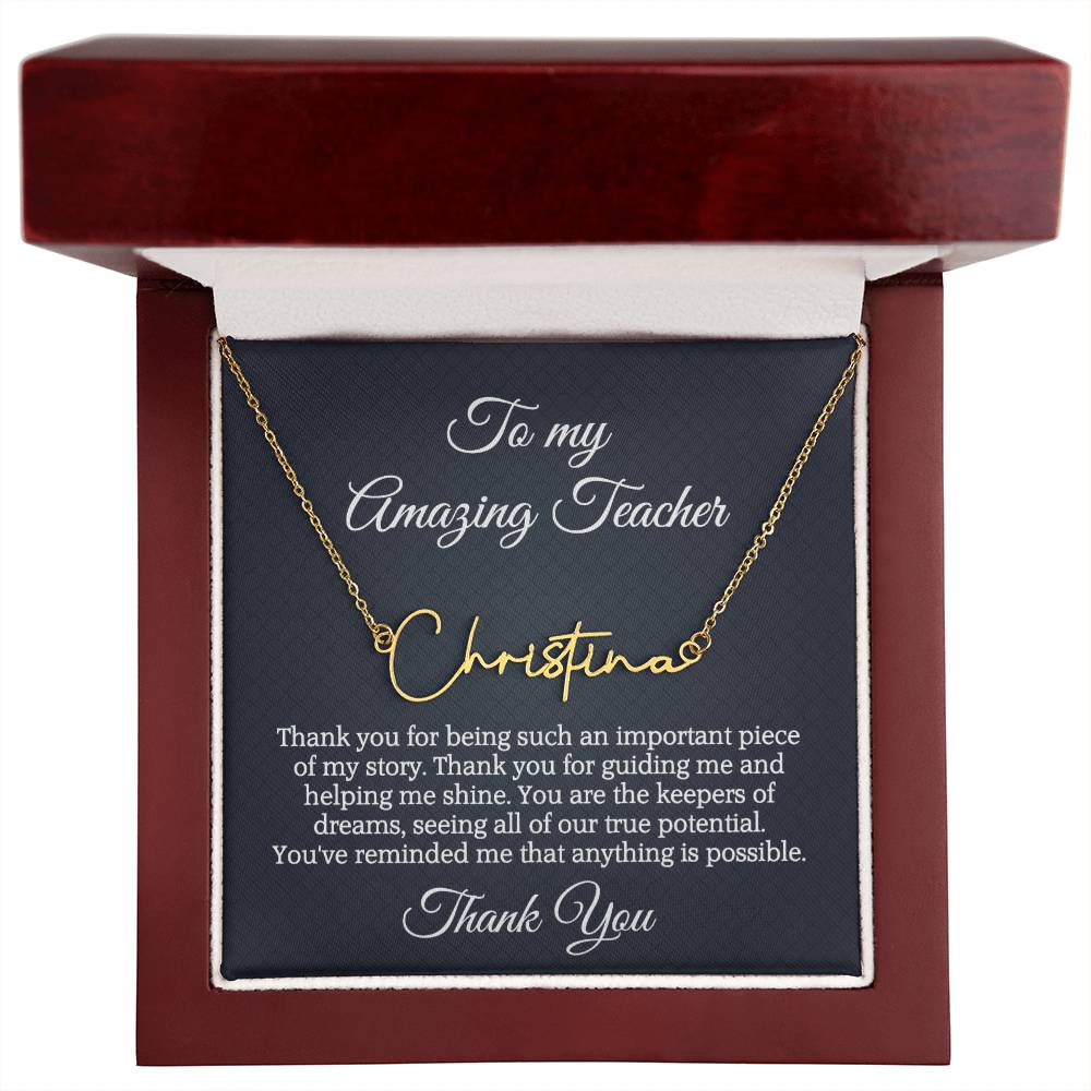 Best Teacher Ever Appreciation Message Card Signature Name Necklace Gift, Thoughtful Present Idea for Teacher, Educator Pendant Gift for Teacher's Day