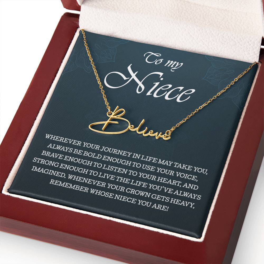 To My Niece Signature Style Name Necklace , Perfect Birthday or Graduation Gift with Blessing Card and Gift Box Packaging
