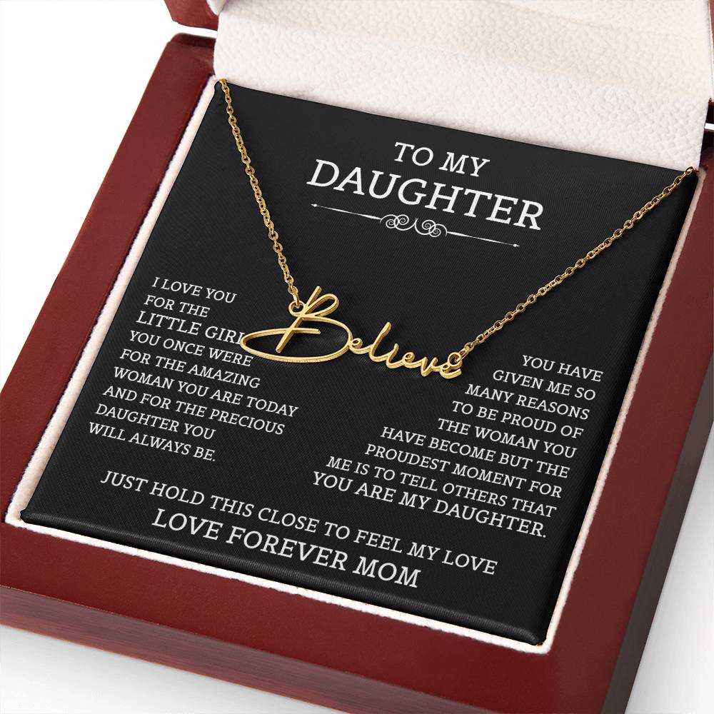 To My Daughter Signature Style Name Necklace, Mother's Day Graduation Birthday Christmas Jewelry Gifts from Mom with Heartfelt Message Card