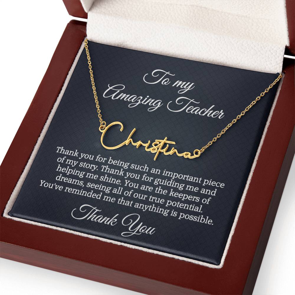 Best Teacher Ever Appreciation Message Card Signature Name Necklace Gift, Thoughtful Present Idea for Teacher, Educator Pendant Gift for Teacher's Day