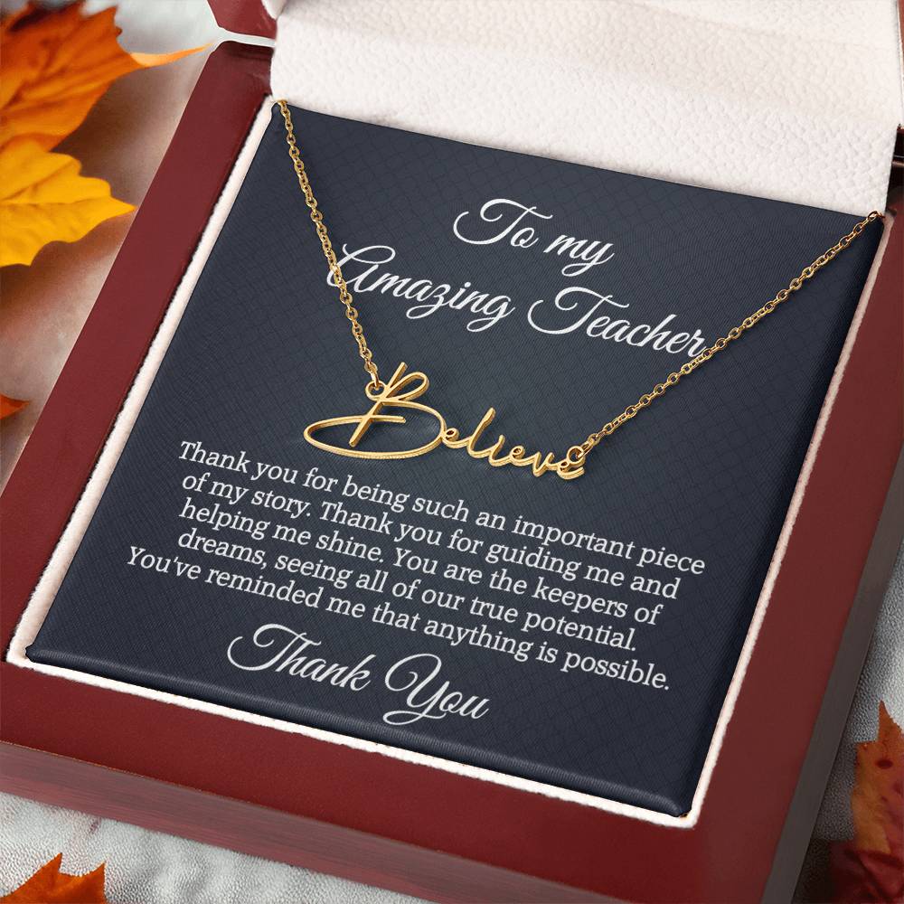 Best Teacher Ever Appreciation Message Card Signature Name Necklace Gift, Thoughtful Present Idea for Teacher, Educator Pendant Gift for Teacher's Day