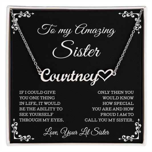 To My Amazing Sister Necklace, Sister Gifts, Heart Name Necklace, Gift Card And Gift Box Packaging