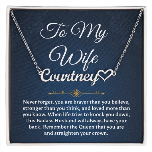 To My Badass Wife Gift From Husband Wife Birthday Anniversary Heart Name Necklace Gift, Valentine's Day Gift From Husband To Wife