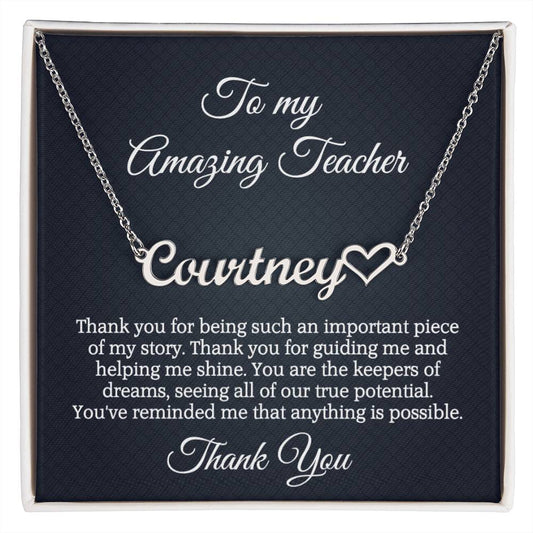 Best Teacher Ever Appreciation Message Card Heart Name Necklace, Thoughtful Present Idea for Teacher, Educator Pendant Gift for Teacher's Day