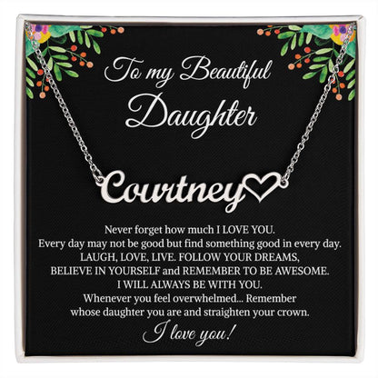 To My Beautiful Daughter Heart Name Necklace, Graduation Birthday Christmas Jewelry Gifts from Mom Dad With Heartfelt Message Card