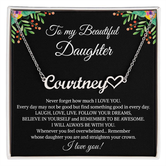 To My Beautiful Daughter Heart Name Necklace, Graduation Birthday Christmas Jewelry Gifts from Mom Dad With Heartfelt Message Card